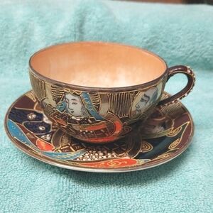 Vintage* Nagoya Satsuma Moriage Immortals Cup and Saucer Set
